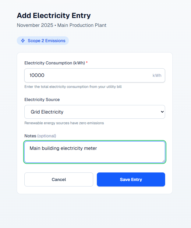 Data entry form with automatic emissions calculation